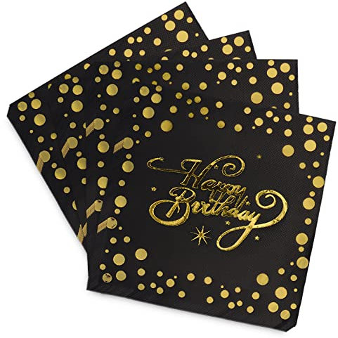 Clvsyh Servietten Happy Birthday, 40 Stück Servietten Geburtstag Schwarz Gold, Papierservietten Paper Napkins, Geburtstagsservietten 33x33cm für Junge Mädchen Geburtstag Party Deko (Schwarz Gold)