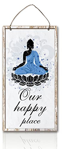 PLIGREAT Lotus Buddha Figure Wooden Signs, Wall Art Decor Wooden Hanging Door Decor, Our Happy Place Quotes Hanging Signs Plaques for Yoga Living Room Bedroom Home Wall Decoration Housewarming Gifts