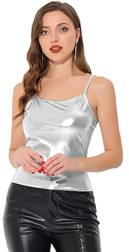 Allegra K Débardeur Métallique Femme Camisole à Paillettes Haut Scintillante sans Manches Caraco Holographique Argent M