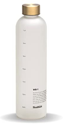 Healthish Time Marked Motivational Water Bottle – 1 Liter (33oz) Leak-Proof Hydration Tracker with Hourly Reminders – Brass Lid – Boost Water Intake & Wellness Daily