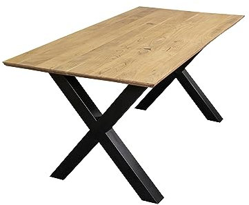 SAM Esstisch 160x85 cm Andi, Akazienholz massiv + naturfarben, Esszimmertisch mit Schweizer Kante, X-Metallgestell Schwarz, massiver Holztisch, Tischplatte 26mm