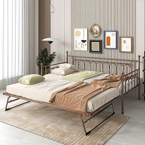 FULLJOJOR Daybed with Pop Up Trundle, Metal Daybed with Trundle, Twin Day Bed with Lockable Casters, Space-Saving Pop Up Trundle Bed Frame for Home Office, Guest Room,Bronze