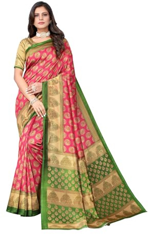 IMTRA FASHION Sari tradicional de seda para mujer india con blusa sin costuras, Rosa y verde, L