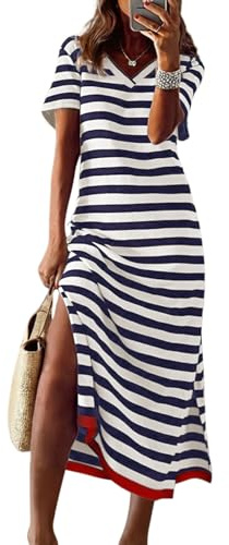 Dokotoo Summer Dresses for Women 2026 Spring V Neck Striped Maxi Dresses Dress Cruise Outfits for Women 2026 Trendy Casual Beach Vacation Resort Wear Fashion Clothing Split Long Dress Blue