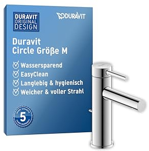 Duravit Circle tvättställskran, storlek M (pip höjd 112 mm), vattenbesparande handfatskran (MinusFlow), vattenkran badrum med dragstång avloppsarmatur, krom
