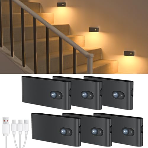 WILLED Schwarz LED Nachtlicht Mit Bewegungsmelder, 6 Stück Batteriebetrieben, Aufladbar (Ohne Stecker), Für Treppen, Schlafzimmer, Wohnzimmer, Flur, Küche, Badezimmer