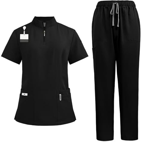 Set di camici da donna Meichoon Top classico con scollo a V e chiusura lampo, pantaloni yoga elasticizzati con coulisse, sudore e asciugatura rapida DK50-nero L