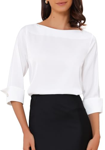 Allegra K Satin Blouse for Women Elegant Dressy Tops Boat Neck 3/4 Sleeve Business Work Shirt Large White