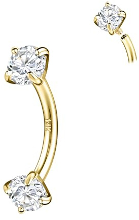 SYLWIA 14K Real Gold Eyebrow Rings, 16G Internal Thread Rook Piercing Jewelry, Diamond CZ - 3MM, Solid Gold Belly Rings Eyebrow Piercing Jewelry for Women (Prong CZ, L:8mm)