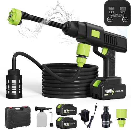 LANMOU Nettoyeur Haute Pression sans Fil, Portable, avec Buse Réglable 6 en 1, Tuyau de 10m, 2x12000mAh Batteries, pour Lavage de Voiture, Jardin, Terrasse