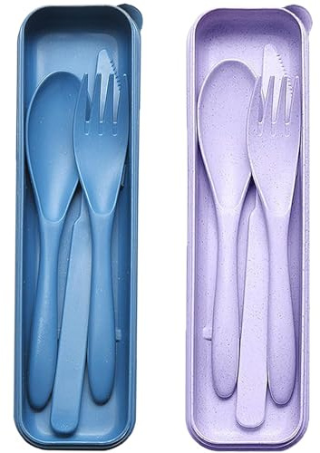 Juego de cubiertos de viaje con estuche, reutilizable, 2 juegos de utensilios portátiles, tenedor de plástico, cuchillo, cuchara para camping, picnic, trabajo, escuela, uso diario (morado + azul