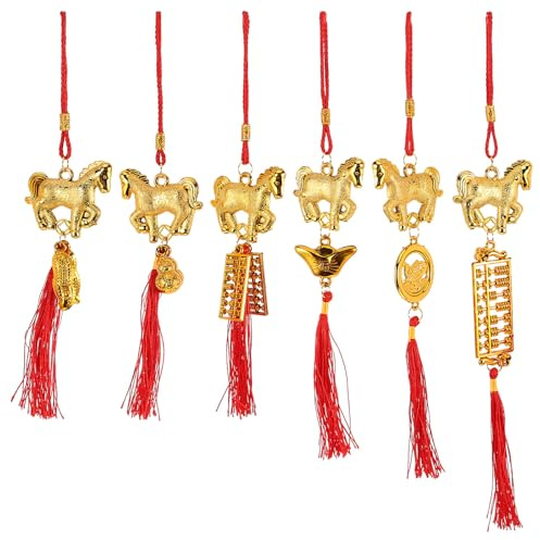 MAGICLULU 6PCS 2026 Lunar New Year Horse Ornaments, Traditional Zodiac Equine Tassel Pendants, Spring Festival Mascot for Home Office Car, Fortune Blessing Charms