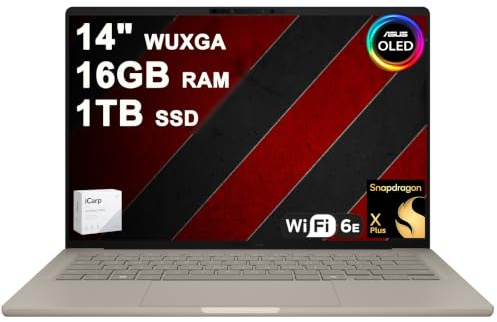 ASUS Zenbook A14 Laptop 14 WUXGA OLED (100% DCI-P3, 600nits HDR) Qualcomm 8-core Snapdragon X Plus (Up to 45 Tops) 16GB DDR5 1TB SSD for Creator Business Professional Win11 ICP Acc
