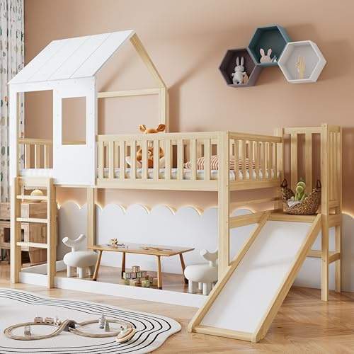 Terahanda Letto a castello con scaletta ad angolo retto e scivolo, letto a casetta con tetto e finestra, lettino con protezione anticaduta e sponde, struttura in pino, naturale+bianco (90x200 cm)