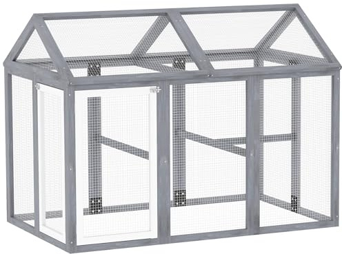 PawHut Recinto pollaio 1,18 m², parco a rete con porta bloccabili, telaio in legno massello, voliera per 1-3 galline, 140 x 88,5 x 106 cm, grigio