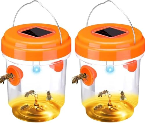 FOUTP 2 Pezzi Trappola per Vespe Esterno Solare Appesa con Luce LED Repellente Calabroni Mosche e Insetti Alimentazione a Energia Solare Anti Zanzare per Giardino Frutteto Veranda e Patio (Arancione)