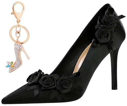 Scarpe Donna con Tacco Alto con Tacco a Spillo 10CM Fiori Nastro Satinato Pumps per Matrimoni, Galà, Appuntamenti (36)