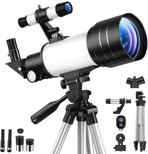 Télescope Astronomique Réfracteur 70/300mm, FMC Haute Transmission, Grossissement 15-150X, Trépied Réglable, Support Téléphone & Télécommande Bluetooth, pour Débutants en Astronomie Adultes Enfants