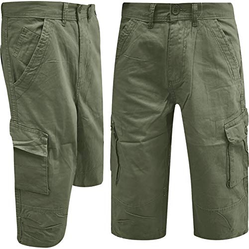 WJL WHISPERING JONES LONDON Mens Cargo Shorts Combat Work Casual Chino Long 3/4 Below Knee Length Summer Pants, Olive, 36