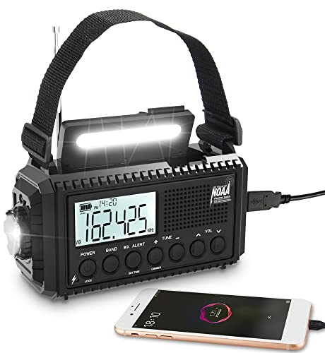 Auto NOAA Digital 5000 Weather Radio with Backlit LCD Screen, 5 Way Powered Solar Hand Crank Portable AM/FM/Shortwave Emergency Radio/Phone Charger,Read Lamp/Camping Flashlight,Earbud Jack,Clock,SOS