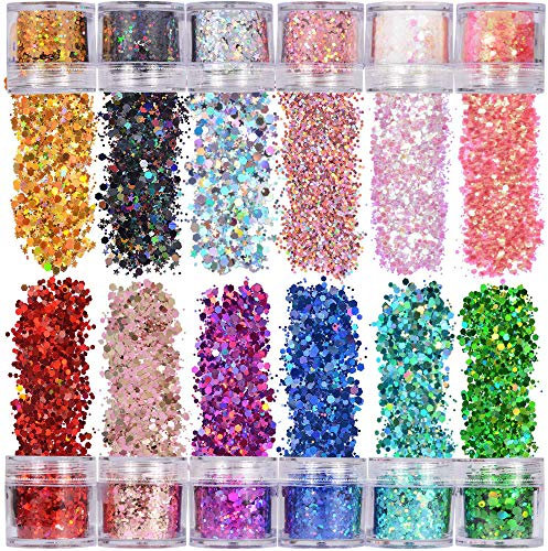 XUBX 12 Couleur Paillettes Chunky Glitter Maquillage Pour Le Visage, Paillettes de Maquillage Set Beau Sparkling Decoration pour Décoration D’Ongles,Cheveux,Nail Art et Les Arts
