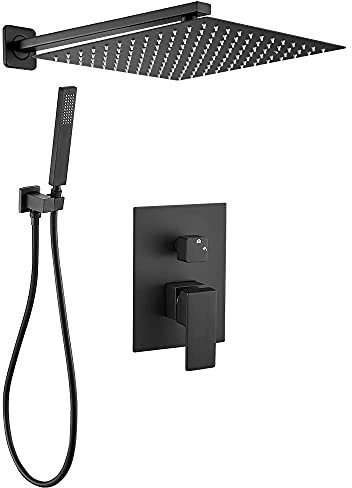 VALAZ Ducha Empotrada Negro Mate | Ducha Monomando 2 Vías, Rociador Efecto Lluvia | Instalación en Pared Fácil y Rápida | Acero Aleado, Inoxidable, Elegante, Cuadrada, Rociador 25 cm, Serie Tajo