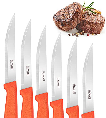Fixwell®, coltello da bistecca, arancione, molto affilato, ideale per il tavolo da pranzo e la carne alla griglia, molto resistente, antiruggine, lavabile in lavastoviglie e per alimenti, 100% Made in