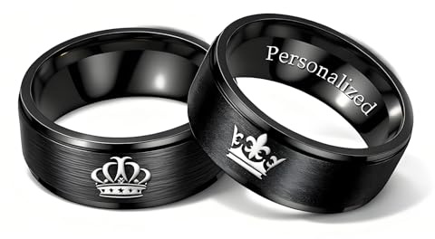 Ihanskio Anillos de Pareja de Corona Esmerilada Personalizados Anillos de Promesa Mate Grabados con Texto para Él y Ella Bandas a Juego Brillantes Personalizadas para Bodas (UN PAR, Negro-Mate)