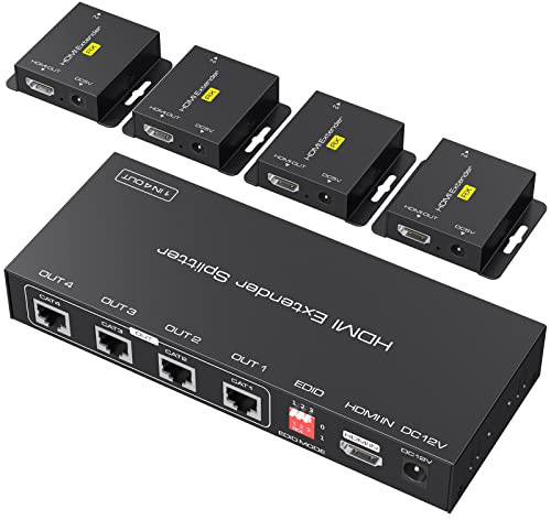 VPFET HDMI Extender Splitter sobre Cat5e 6 165ft 1 In 4 Out de Transmisión Balun Ethernet Soporta 1080p HDCP EDID POC Una fuente de alimentación para trabajar con