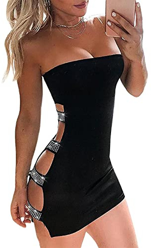 Loalirando Robe Crayon Femme Courte Sexy Moulante avec Strass Robe Epaules Dénudées pour Soirée Clubbing