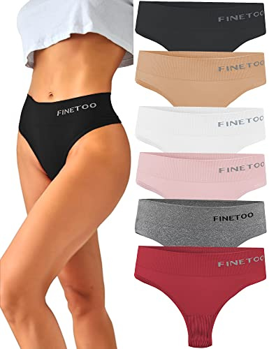 FINETOO 6-Pack String Tangas Dames Gainante Ventre Plat Ensemble de Cordes sans Couture String Respirant Femmes Slip Taille Haute sous-Vêtements Culottes Douces S-XL…
