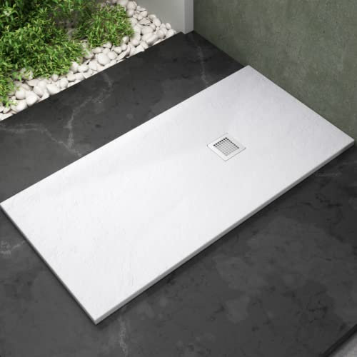 Plato de Ducha de Resina Extraplano | Plato Ducha Antideslizante en Textura Pizarra Suave en Todas las Medidas | Plato Ducha con Válvula de Desagüe y Rejilla | Blanco | 170 x 90 cm