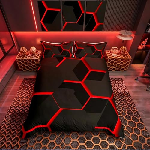 Homemissing Copripiumino geometrico a nido d'ape con geometria rossa esagonale, set di biancheria da letto esagonale con alveare con cerniera