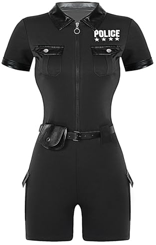 Mufeng Costume da Polizia da Donna Abiti da Poliziotto Agente di Polizia Wetlook Leotard Tuta Intera Cosplay di Carnevale Gioco di Ruolo Nero M