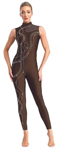 Linjinx Femme Justaucorps Danse Académique Léotard Ballet Danse Gymnastique Classique sans Manches Combinaison Patinage Artistique Paillettes Costume Performance S-XXL Marron S