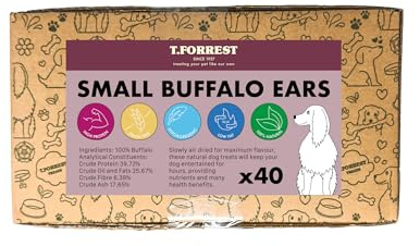 T.Forrest Small Air-Dried Buffalo Ears for Dogs (40 Pack) - 100% Natural, Long Lasting, Grain Free, High Protein Dog Treats