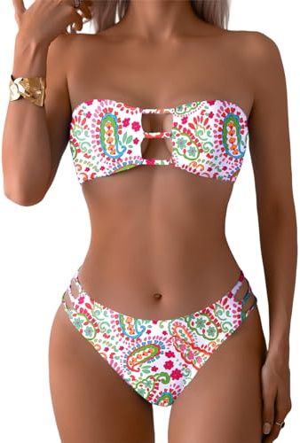 Tainehs Women's Two Piece Strapless Bikini Sets Bandeau Cutout Swimsuit High Cut Bathing Suits