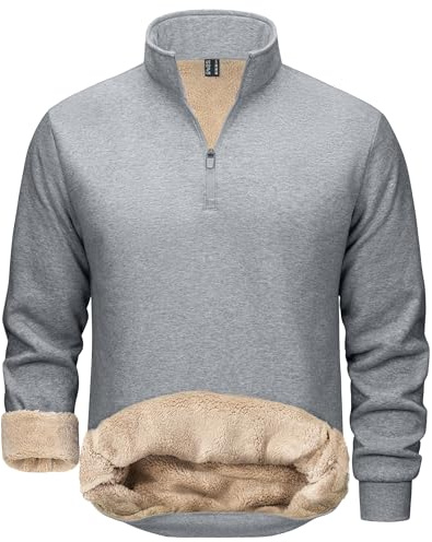 TACVASEN Sudadera con Forro para Hombres de Manga Larga para Invierno Polar Cálido Pull con Forro Cremallera de 1/4 Pullover de Polar Gris Claro, L