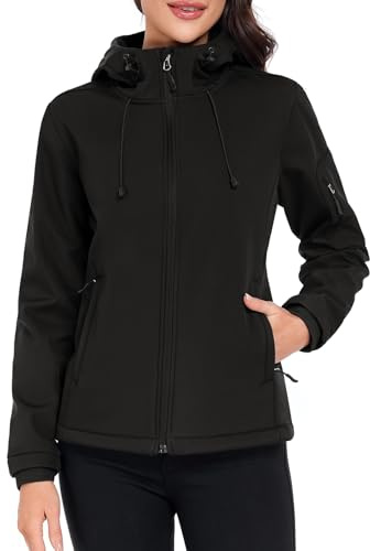 CMTOP Chaqueta Softshell Mujer Corta Forro Polar Cálida Abrigo Repelente al Agua Cortavientos Outdoor Chaqueta, Chubasquero con Capucha para Correr, Senderismo, Deportes(Negro,XL)