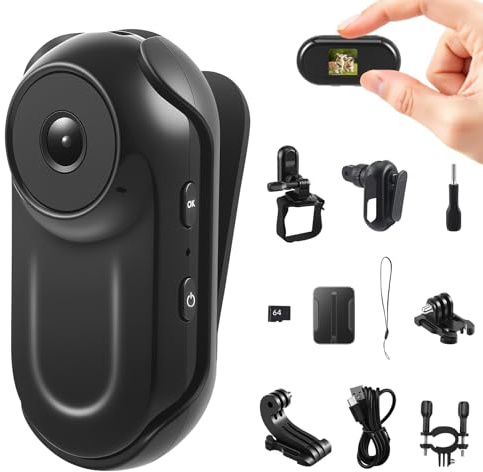 Mini Action Cam 1080P Fotocamera corporea con magnete e accessori Fotocamera da casco per moto, bicicletta, sport Foto camera indossabile con scheda SD da 64 GB, registrazione in loop, impermeabile
