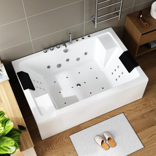 71 Inch Whirlpool Bathtub - 2 Person Jetted Bath Massage Luxury Tub with 18 Water Jets+12 Air Jets | Rectangular Alcove Soaking SPA Bath Tub - 3 Sided Chromatherapy Lighting, ETL Certified, White