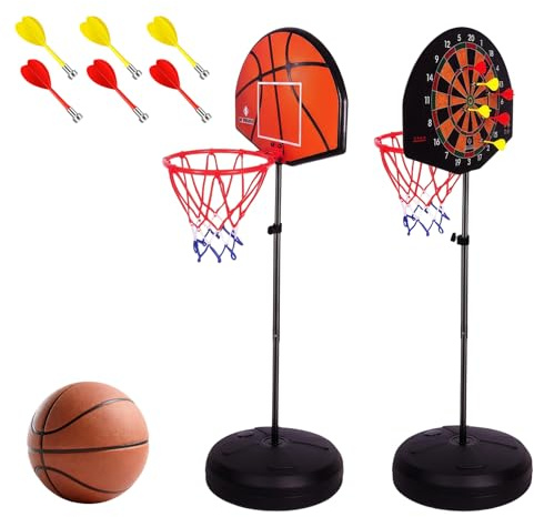 2 i 1 basketkorg utomhus med darttavla, stativ, basketkorg inomhus utomhus, darttavla med stativ, 118–140 cm justerbar höjd basketkorg med dart mål pelare, pumpgåva