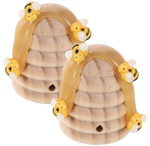 TOGEVAL Lot de 2 Décorations en Bois Forme Ruche avec Mini Figurines D’Abeilles, Plateau Décoratif Nid D’Abeille Rustique, Ornement Champêtre pour Maison, Fête et Jardin, Style