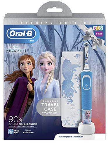 Oral-B Kids Frozen Special Edition Elektrische Zahnbürste für Kinder ab 3 Jahren, extra weiche Borsten, 2 Modi inkl. Sensitiv, Timer, 4 Frozen-Sticker, Reiseetui, blau