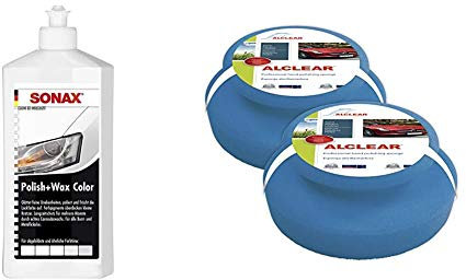 SONAX Polish & Wax Color NanoPro weiß (500 ml) Politur mit Farbpigmenten und Wachsanteilen auf Nanotechnologie-Basis & ALCLEAR 5713050M Auto Profi Handpolierschwamm, 2 Stück, 130x50 mm