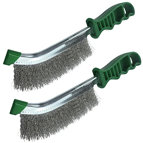 AERZETIX - Set di 2 - Spazzola metallica con filo ondulato - lunghezza 245mm - con manico in plastica verde - setole in acciaio inossidabile - per pulizia pelatura levigatura saldature - C50156