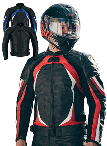 Texpeed Giacca da Moto in Pelle da Uomo – Giacca Racing Traforata per Motociclisti con Protezioni Biker (EN 1621-1) – Rosso – 5XL