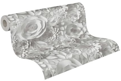 A.S. Création Carta da parati non tessuta - Carta parati floreale 3D in Grigio e Bianco - Tessuto non tessuto, 10,05 m x 0,53 m