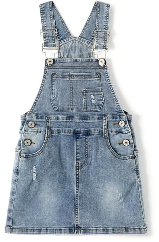 KIDSCOOL SPACE Big Girls Skirt,Ripped Soft Strechy Denim Girls Summer Overalls Dress,Light Blue,9-10 Years