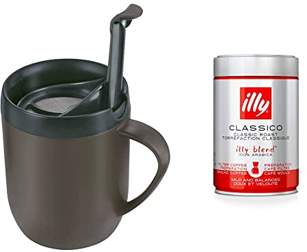 Zyliss Hot Mug Cafetiere, Plastic/Silicone, Grey, Travel Mug & illy Classico Filter Coffee, Medium Roast, 100% Arabica Coffee Beans, 250g